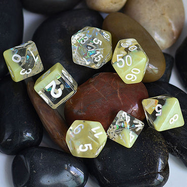 Yellow Shimmer Two Layer Dice Glitter filled 7pc Polyhedral Dice Set