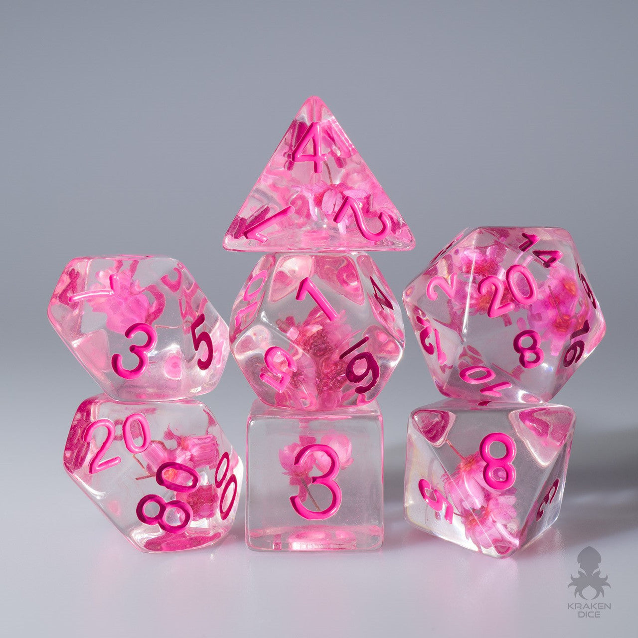 Pink Flowers with Pink Ink Polyhedral Dice Set