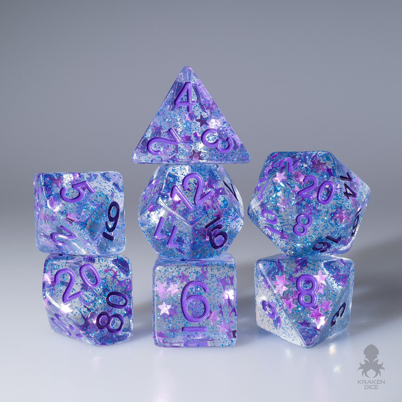 Blue Glitter Purple Stars with Purple Ink 7pc Polyhedral Dice Set