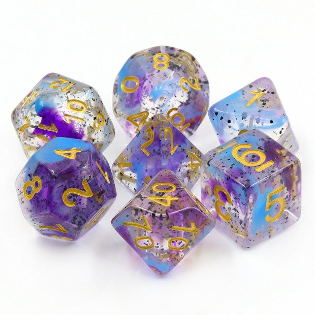 Suspended Black Particles in Violet and Blue Polyhedral 7pc Dice Set