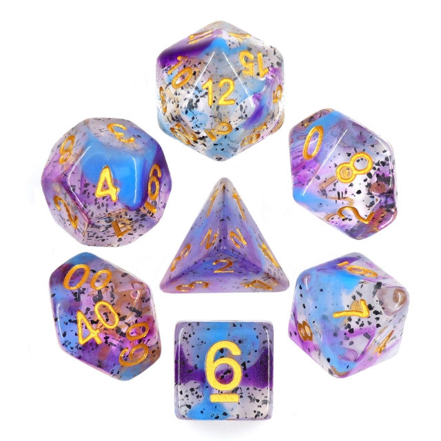 Suspended Black Particles in Violet and Blue Polyhedral 7pc Dice Set
