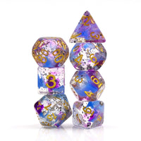 Suspended Black Particles in Violet and Blue Polyhedral 7pc Dice Set