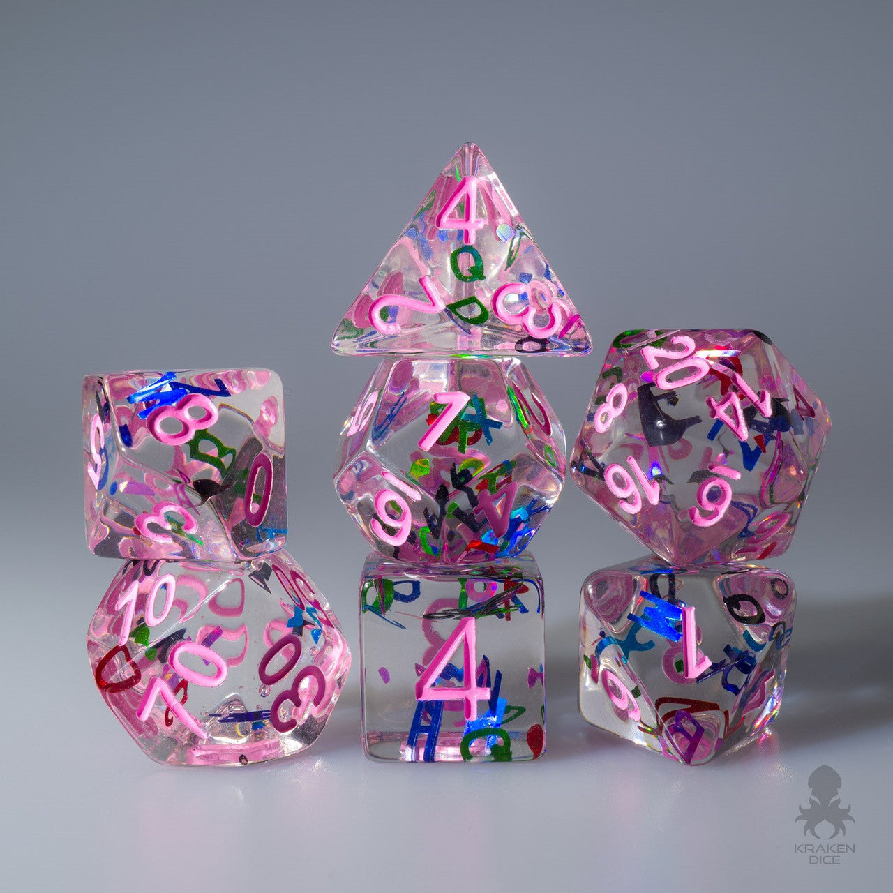 Rainbow Letters with Pink Ink 7pcPolyhedral Dice Set