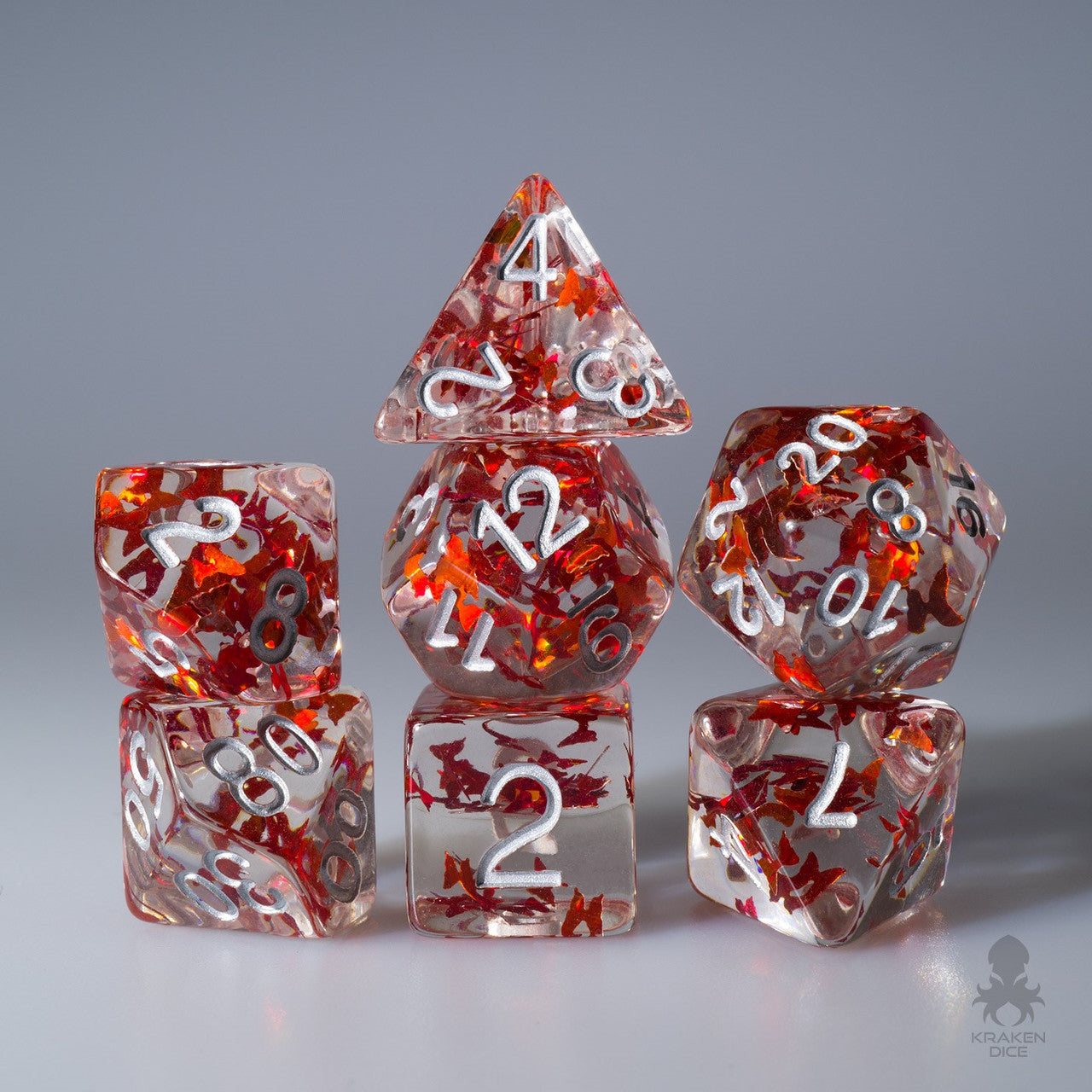 Red Butterflies Filled 7pc Polyhedral Dice Set with Silver Ink
