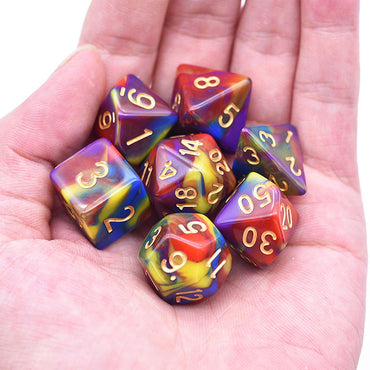 Blue Purple, Red and Yellow Blended 7pc Polyhedral Dice Set