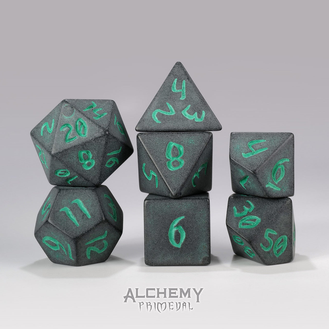 Primeval:Charcoal with Green Ink 7pc Custom Font Polyhedral Dice Set
