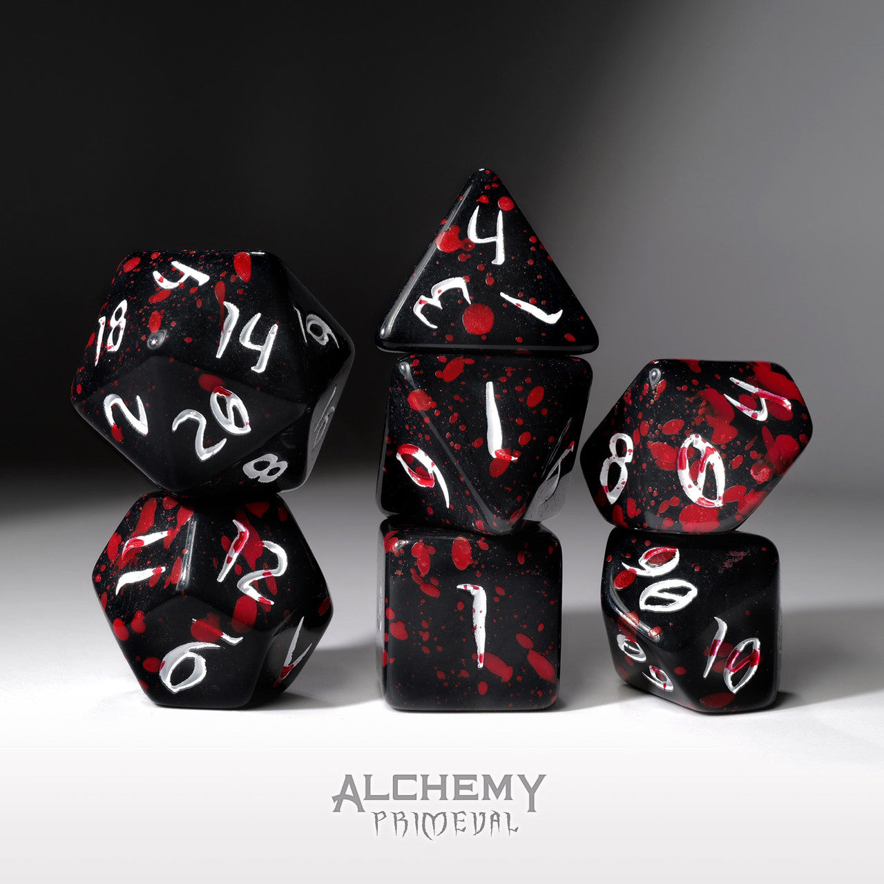 The Red Rain of Pain - Primeval: Black and Red with White Ink 7pc Custom Font Polyhedral Dice Set