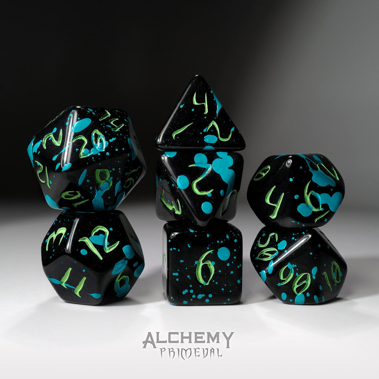 The Midnight Octopus - Primeval: Black and Teal with Green Ink 7pc Custom Font Polyhedral Dice Set