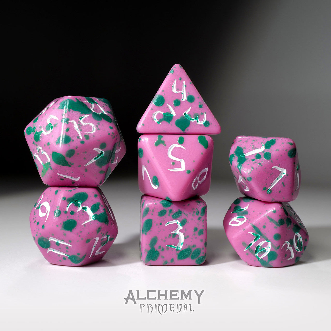 The Electric Angel - Primeval: Pink and Green with White Ink 7pc Custom Font Polyhedral Dice Set