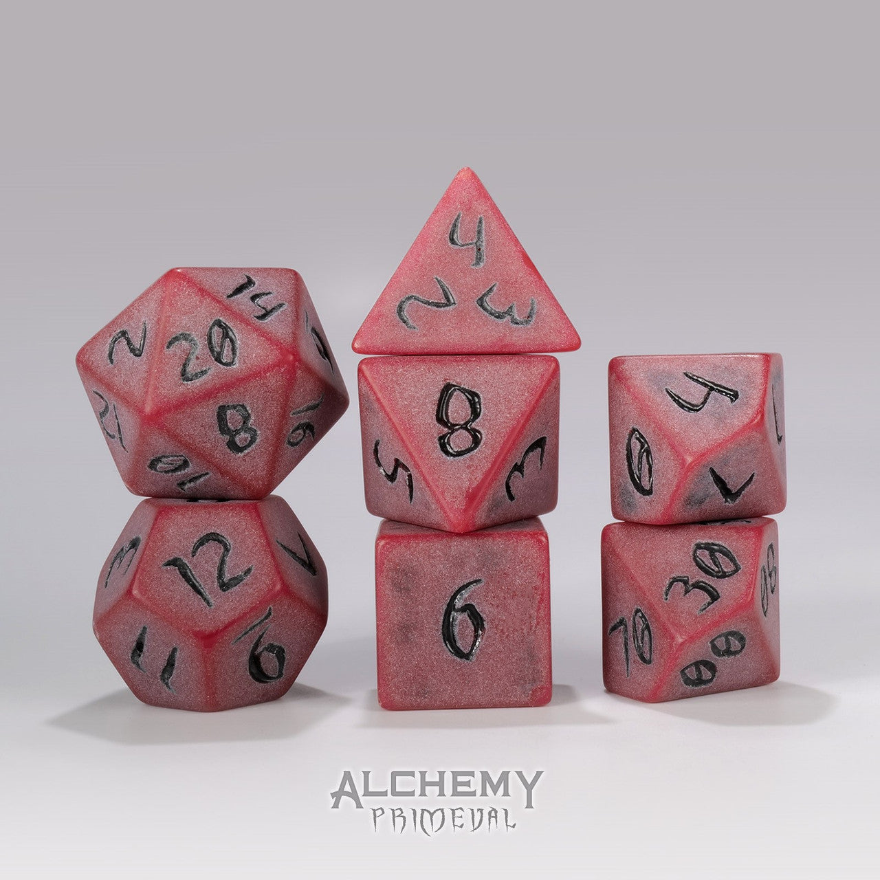 Primeval: Red Clay with Black Ink 7pc Custom Font Polyhedral Dice Set