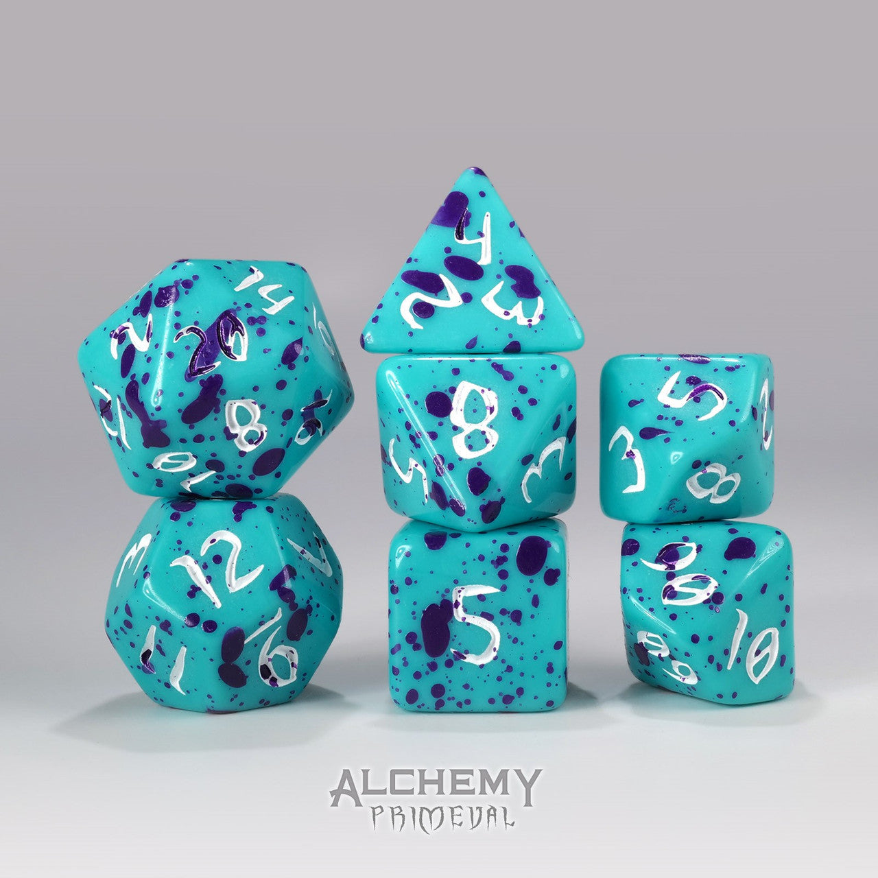 Princess Oblivion - Primeval: Teal and with Purple 7pc Custom Font Polyhedral Dice Set