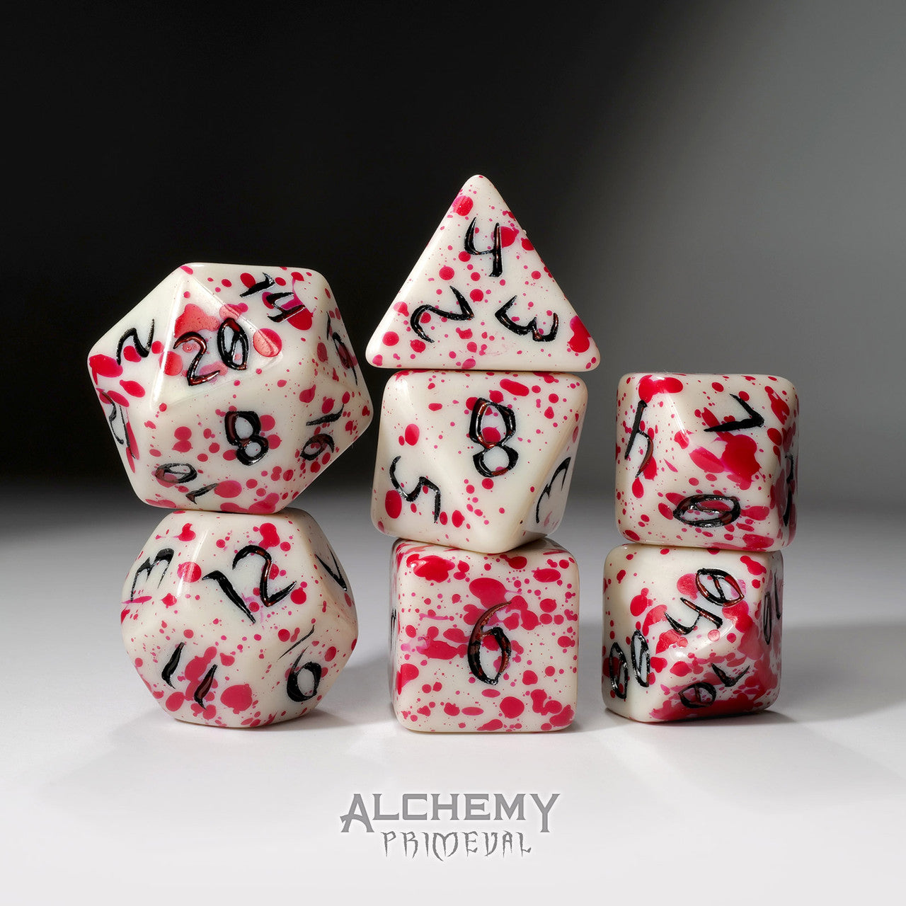 The Red Queen - Primeval: Black and Red with White Ink 7pc Custom Font Polyhedral Dice Set