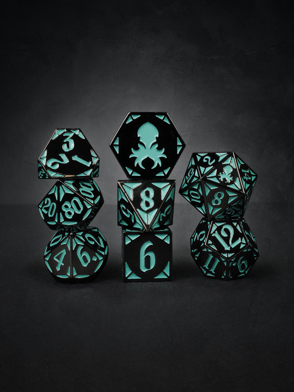 Goddess' Dark Rite  8pc Black with Teal TTRPG Dice Set