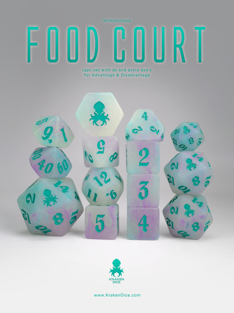Food Court 14pc Glow in the Dark Dice Set with Teal Ink