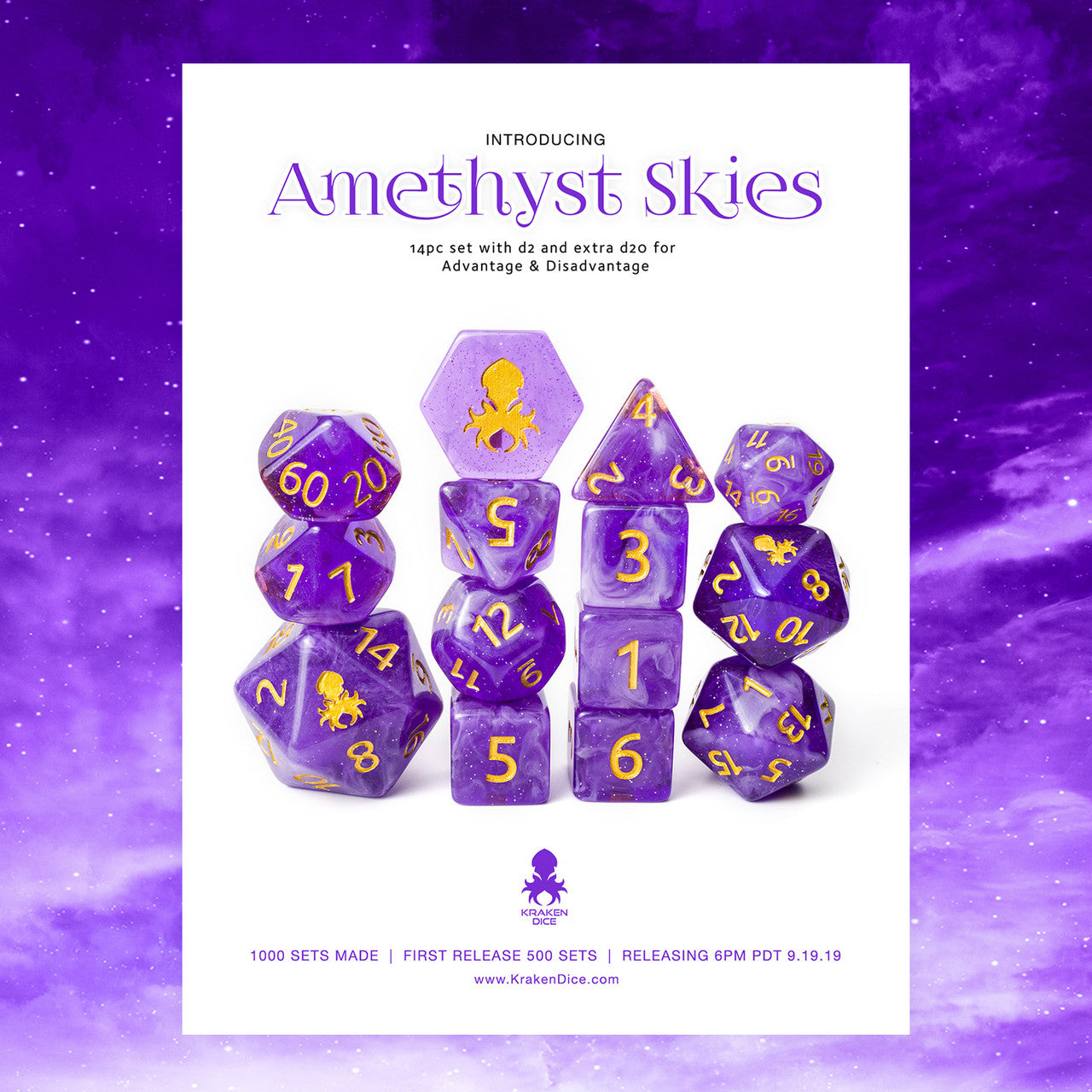 Amethyst Skies 14pc Gold Ink with Kraken Logo Polyhedral Dice Set for RPGS