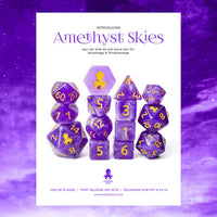 Amethyst Skies 14pc Gold Ink with Kraken Logo Polyhedral Dice Set for RPGS