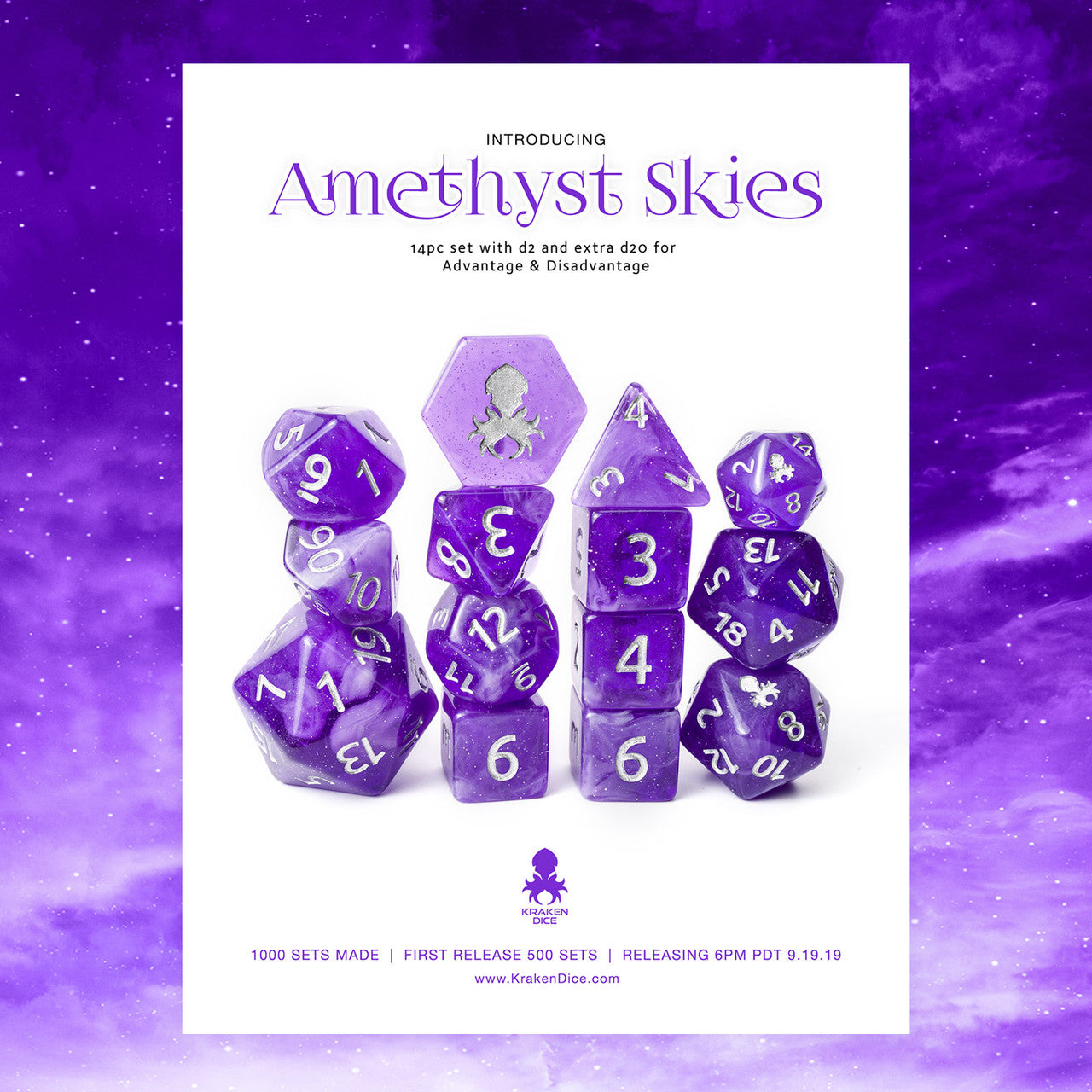 Amethyst Skies 14pc Silver Ink with Kraken Logo Polyhedral Dice Set for RPGS