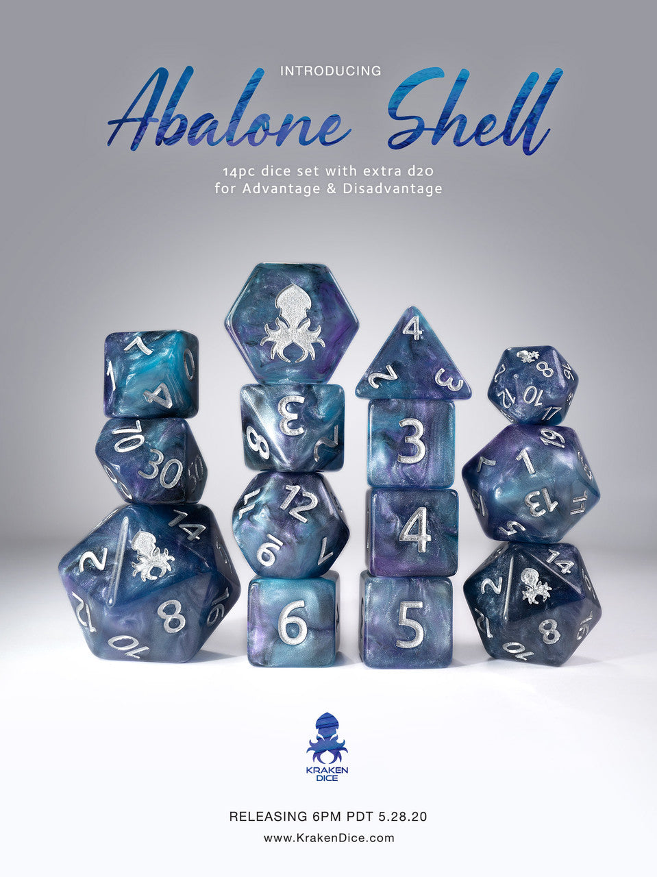 Abalone Shell 14pc Blue and Purple Silver Ink Dice Set โ Kraken Dice