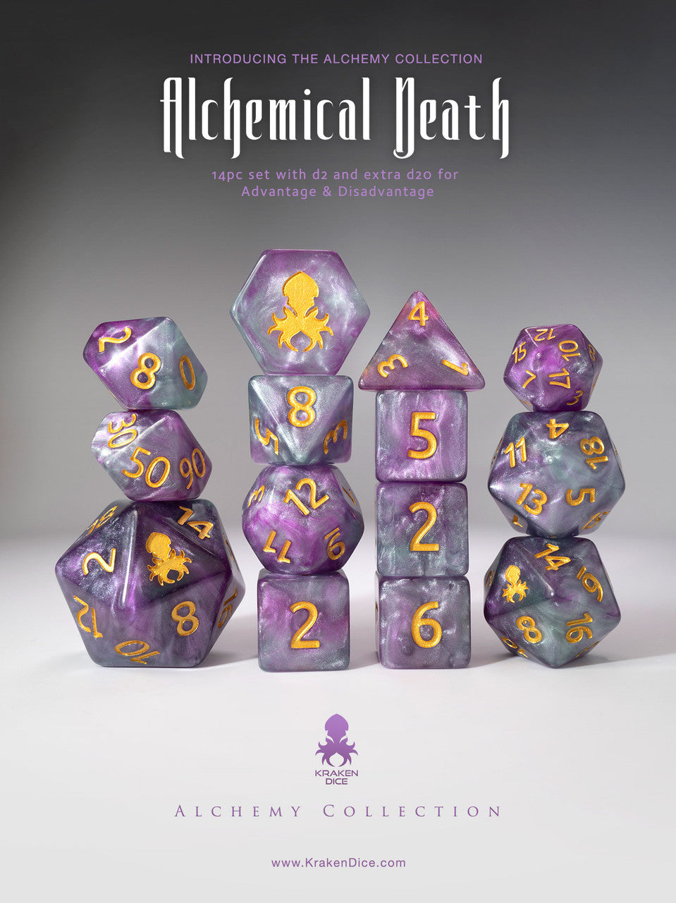 Alchemical Death 14pc Purple and Teal Gold Ink Dice Set
