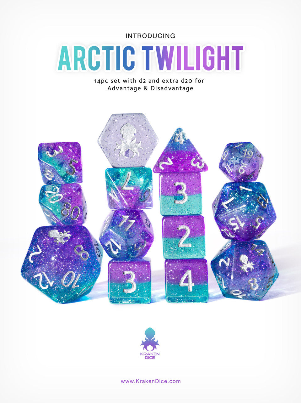 Arctic Twilight 14pc DnD Dice Set inked in silver