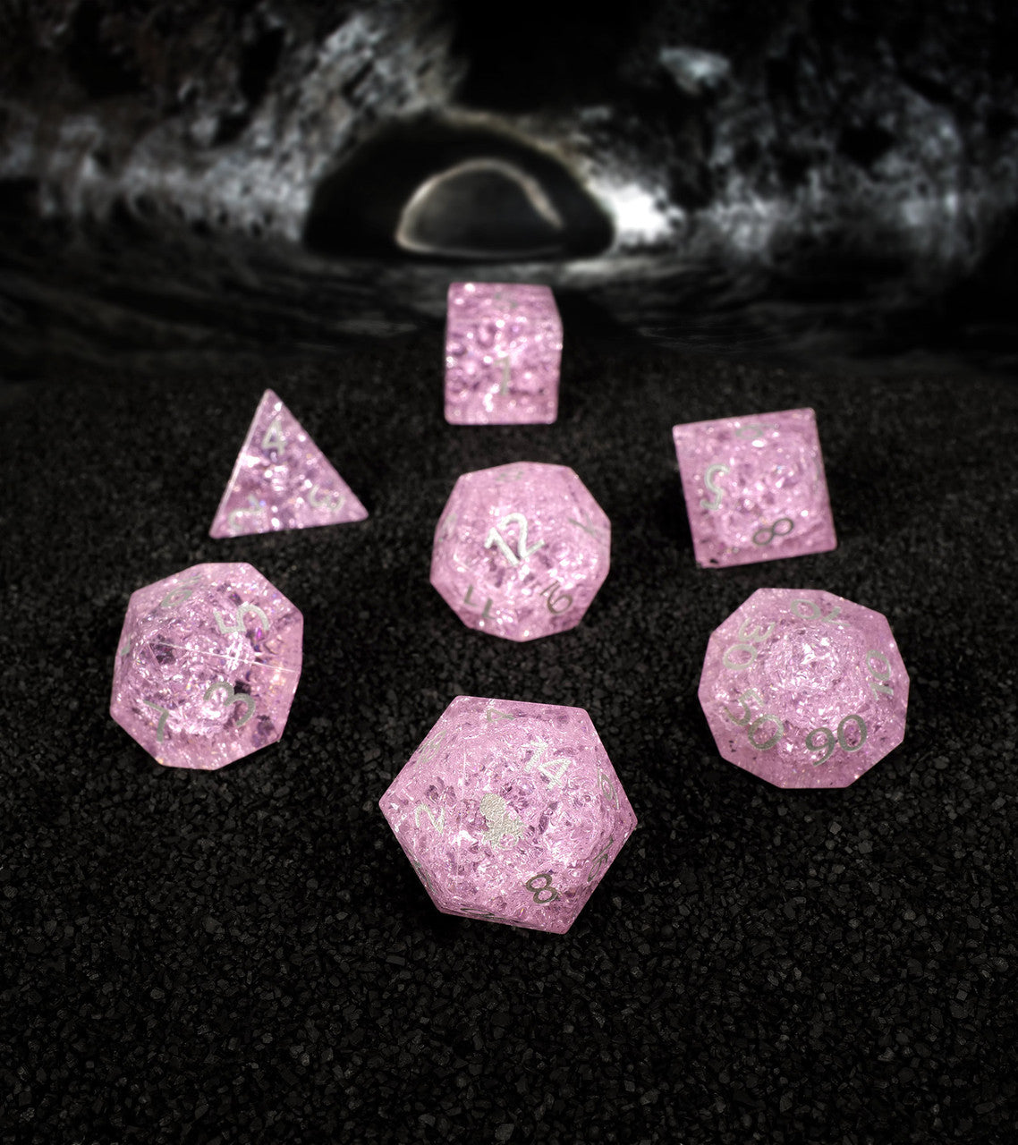 Solar Dragon Pink Cracked Glass 7PC Glass Dice Set