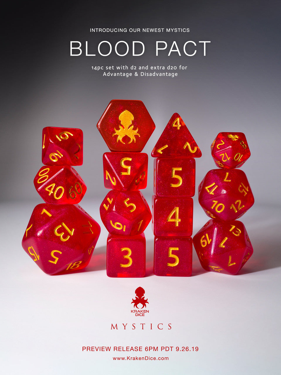 Blood Pact 14pc Gold Ink Dice Set With Kraken Logo