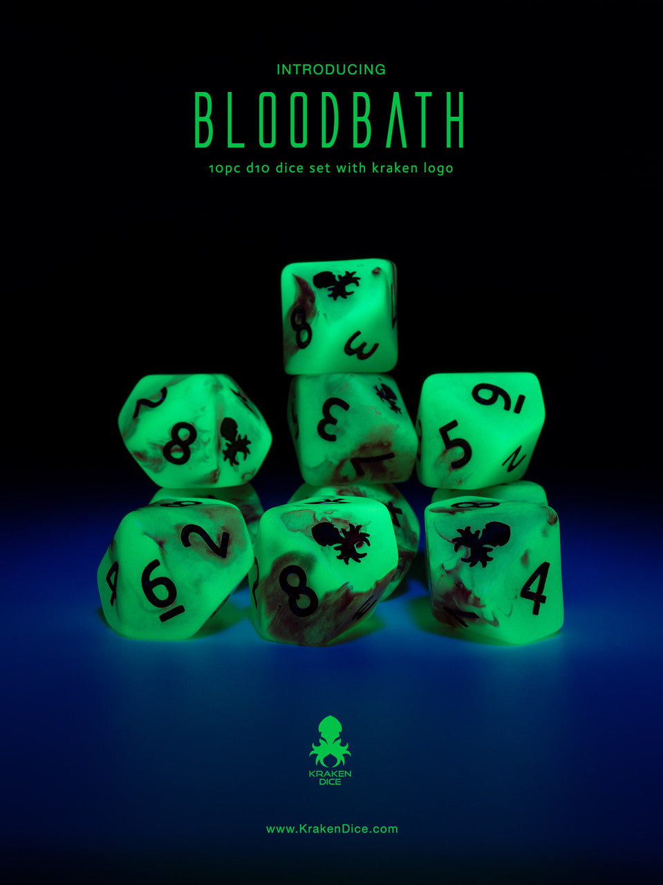 Bloodbath 10pc D10 Glow in the Dark Kraken Logo dice set