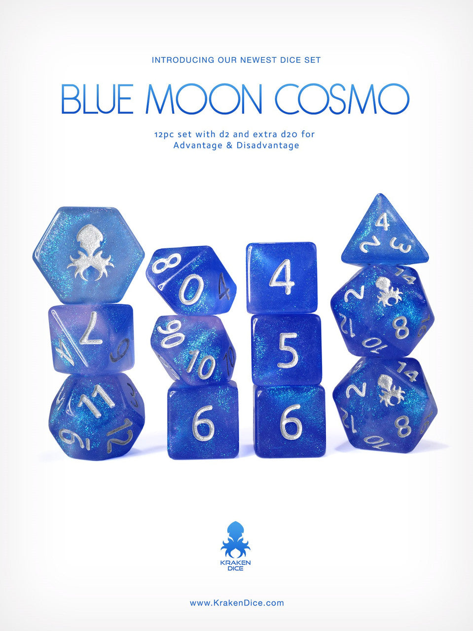 Kraken's Blue Moon Cosmo 12pc Polyhedral Dice Set