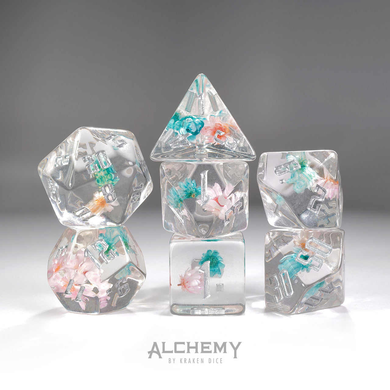 7pc Blue and Pink Flowers with Silver Ink by Alchemy Dice