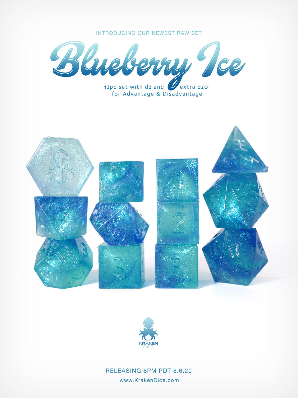 Kraken's RAW Blueberry Ice Rock Candy 12pc Polyhedral Dice Set