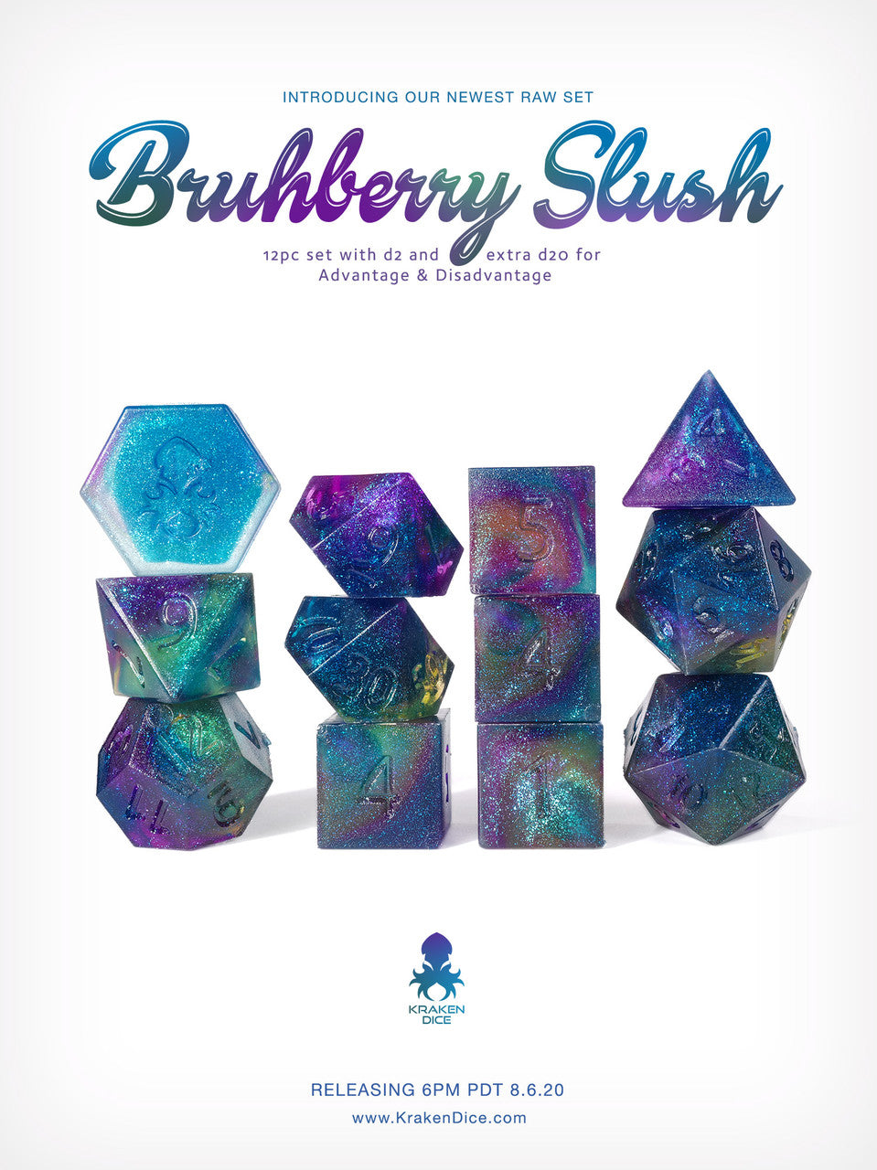 Kraken's RAW Bruhberry Slush Rock Candy 12pc Polyhedral Dice Set