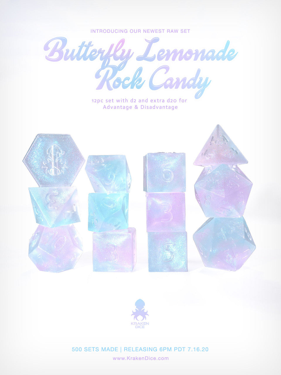 Kraken's Butterfly Lemonade Rock Candy RAW 12pc Polyhedral Dice Set