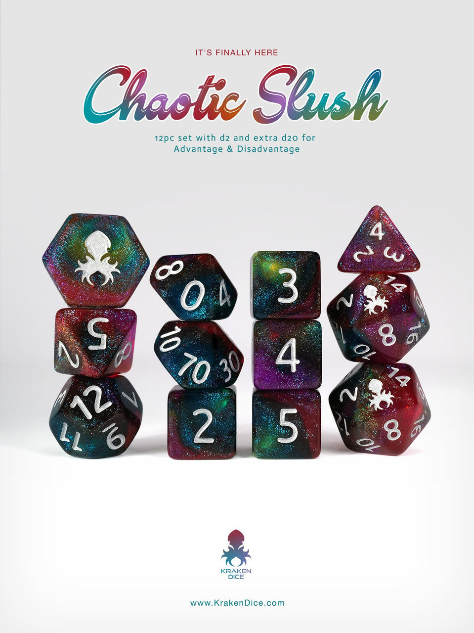 Kraken's Chaotic Slush Rock Candy 12pc Dice Set with Silver Ink