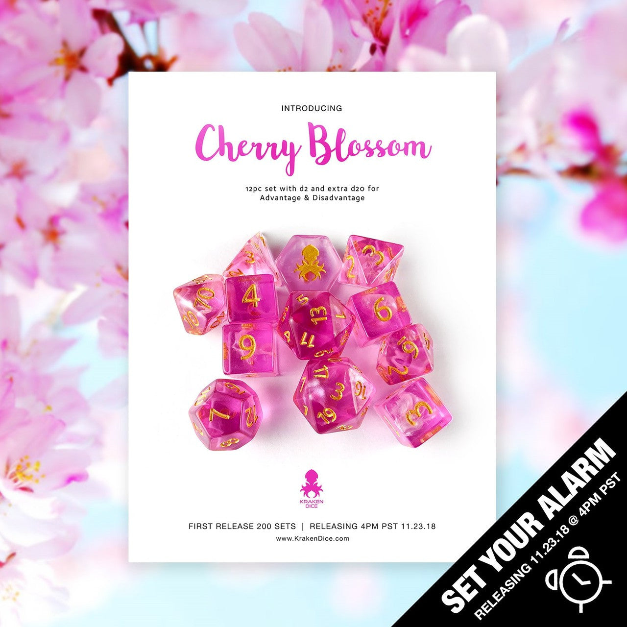 Cherry Blossom 14pc DnD Dice Set With Kraken Logo