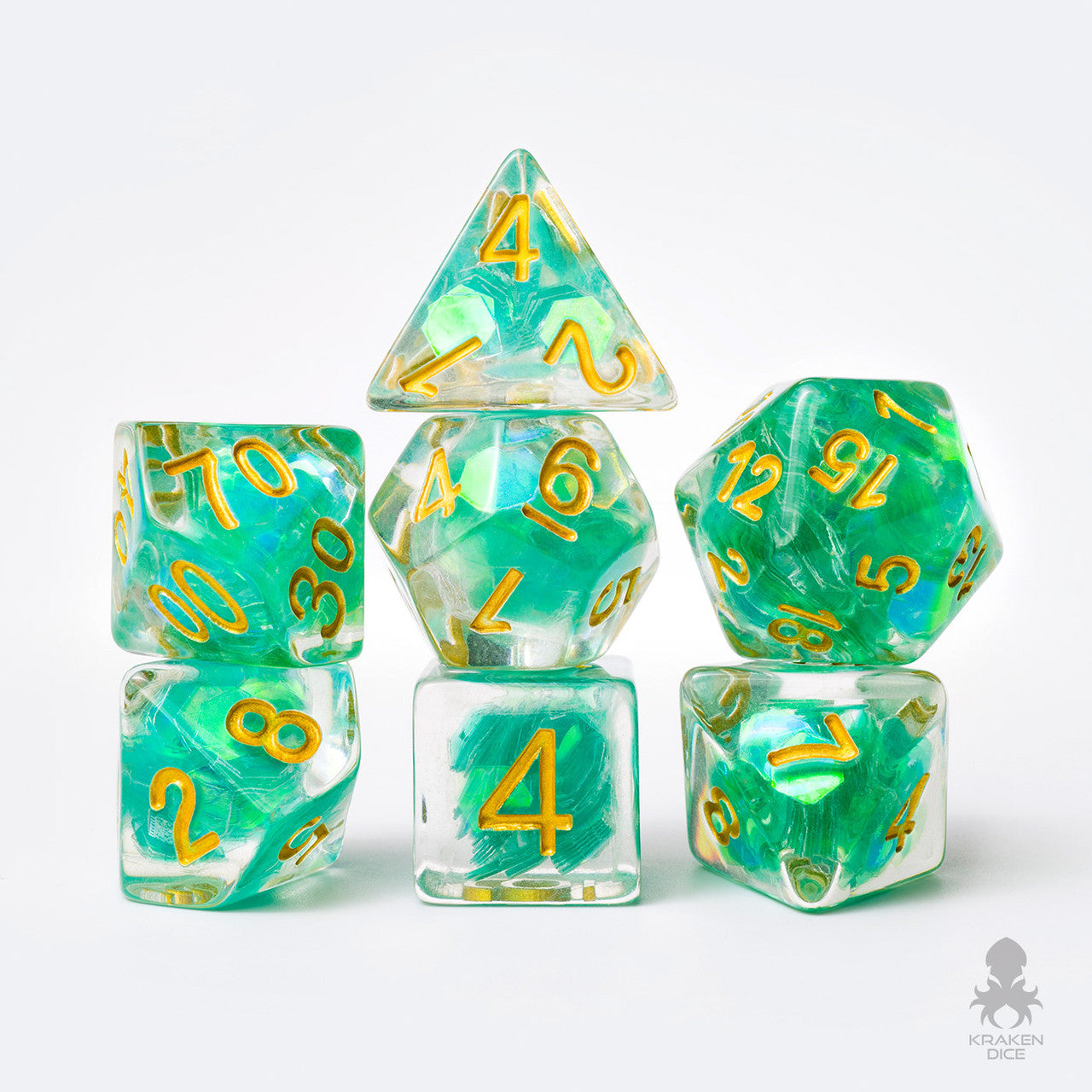 Green Sequin Filled 7pc Polyhedral Dice Set