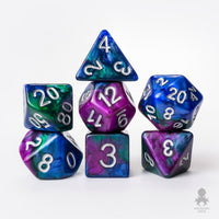 Purple, Green, and Blue 7pc Polyhedral Dice Set with Silver Ink