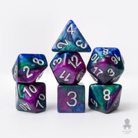 Purple, Green, and Blue 7pc Polyhedral Dice Set with Silver Ink