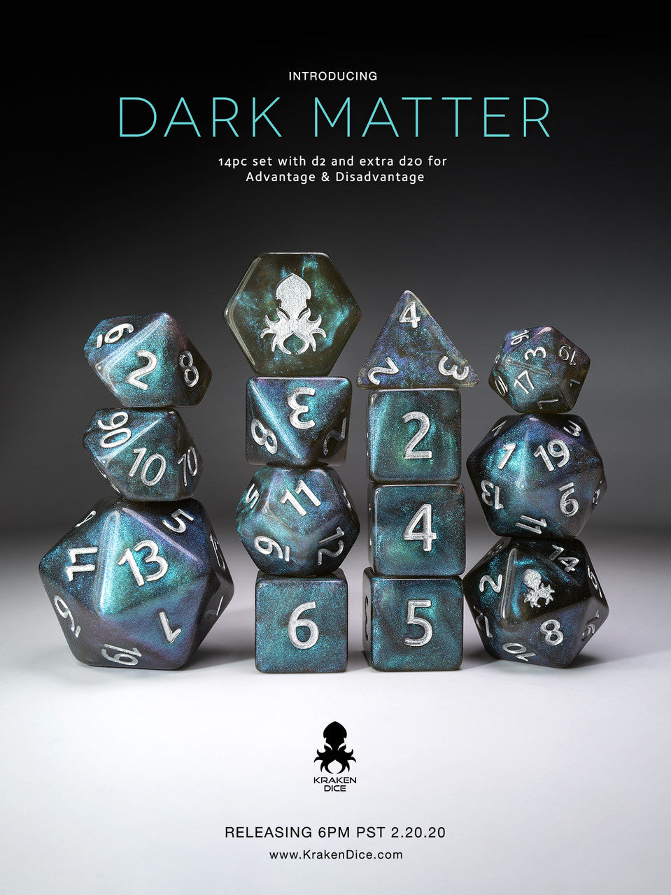 Dark Matter Blue Shimmer 14pc Silver Ink Dice Set
