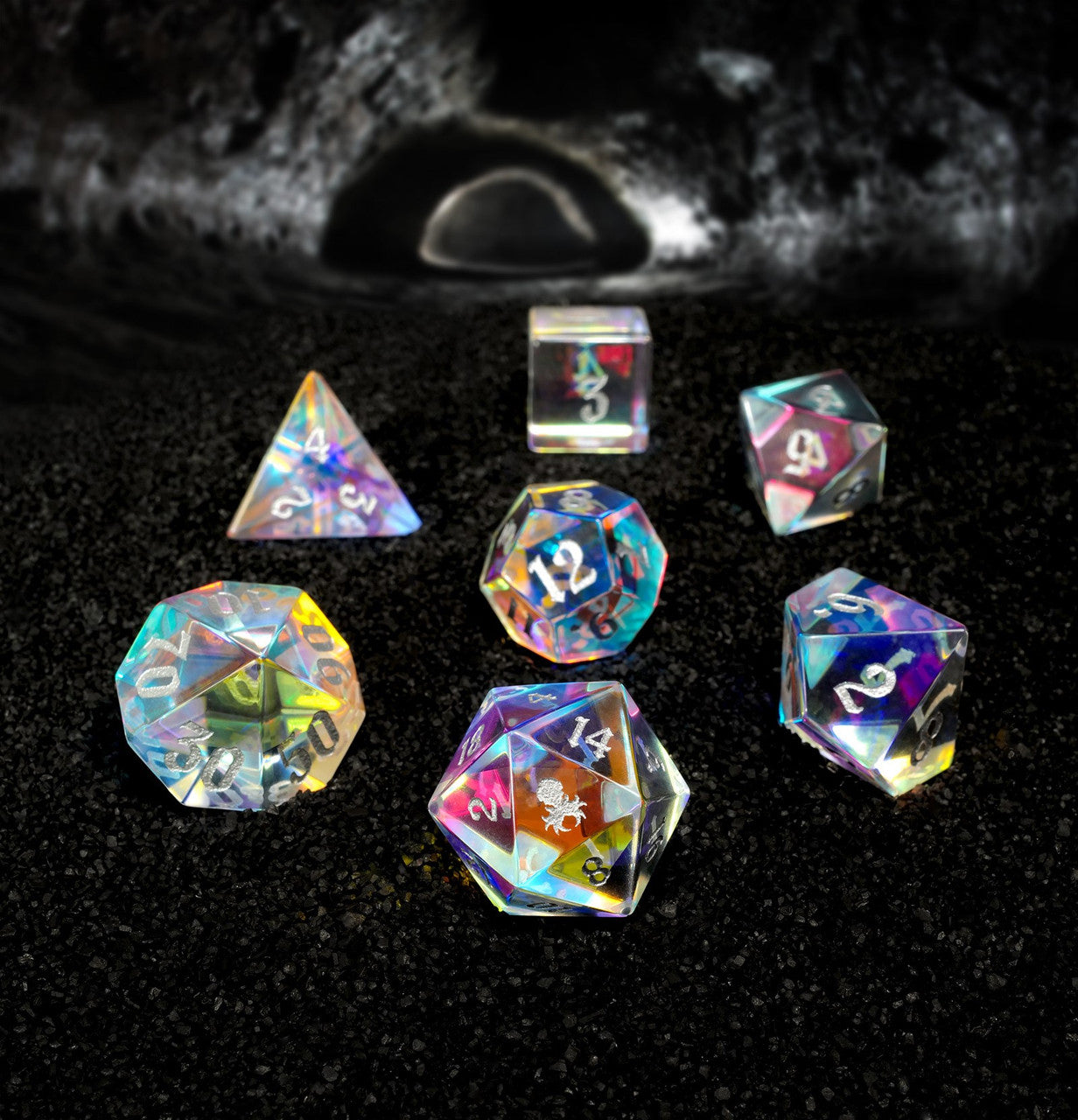 Dichroic Glass Semi-precious Gemstone Dice Set Gothik Font