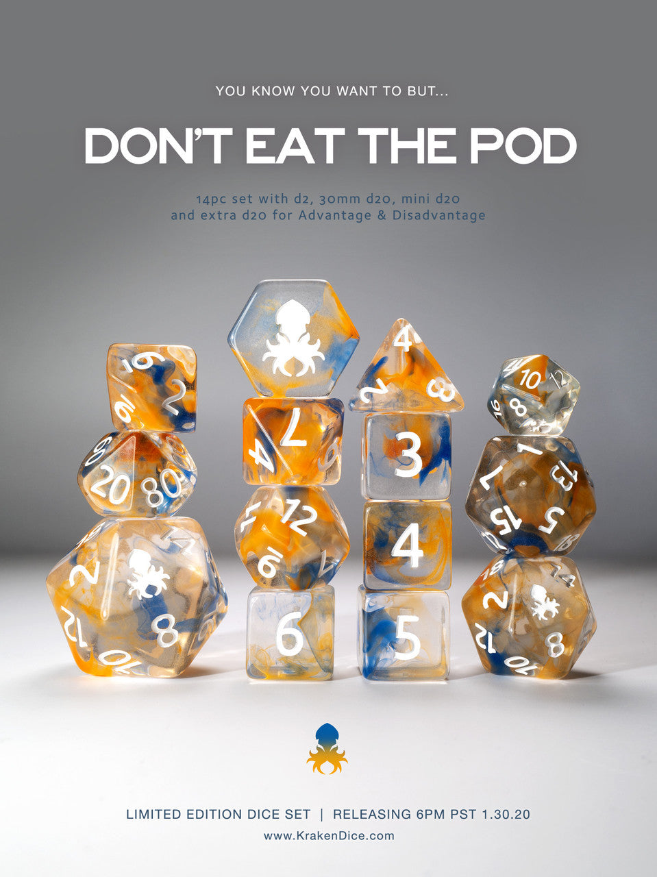 14pc Don't Eat the Pod Vapor Dice Set with White Ink