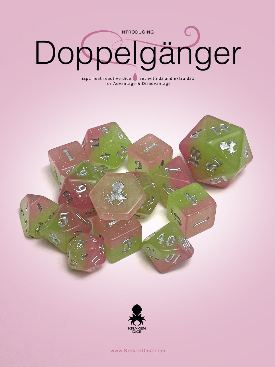 Doppelgänger Heat Reactive 14pc Dice Set inked in Silver