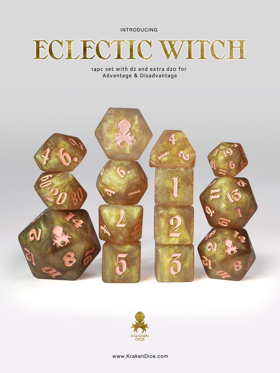 Eclectic Witch: Gold Shimmer 14pc Pink Ink Dice Set