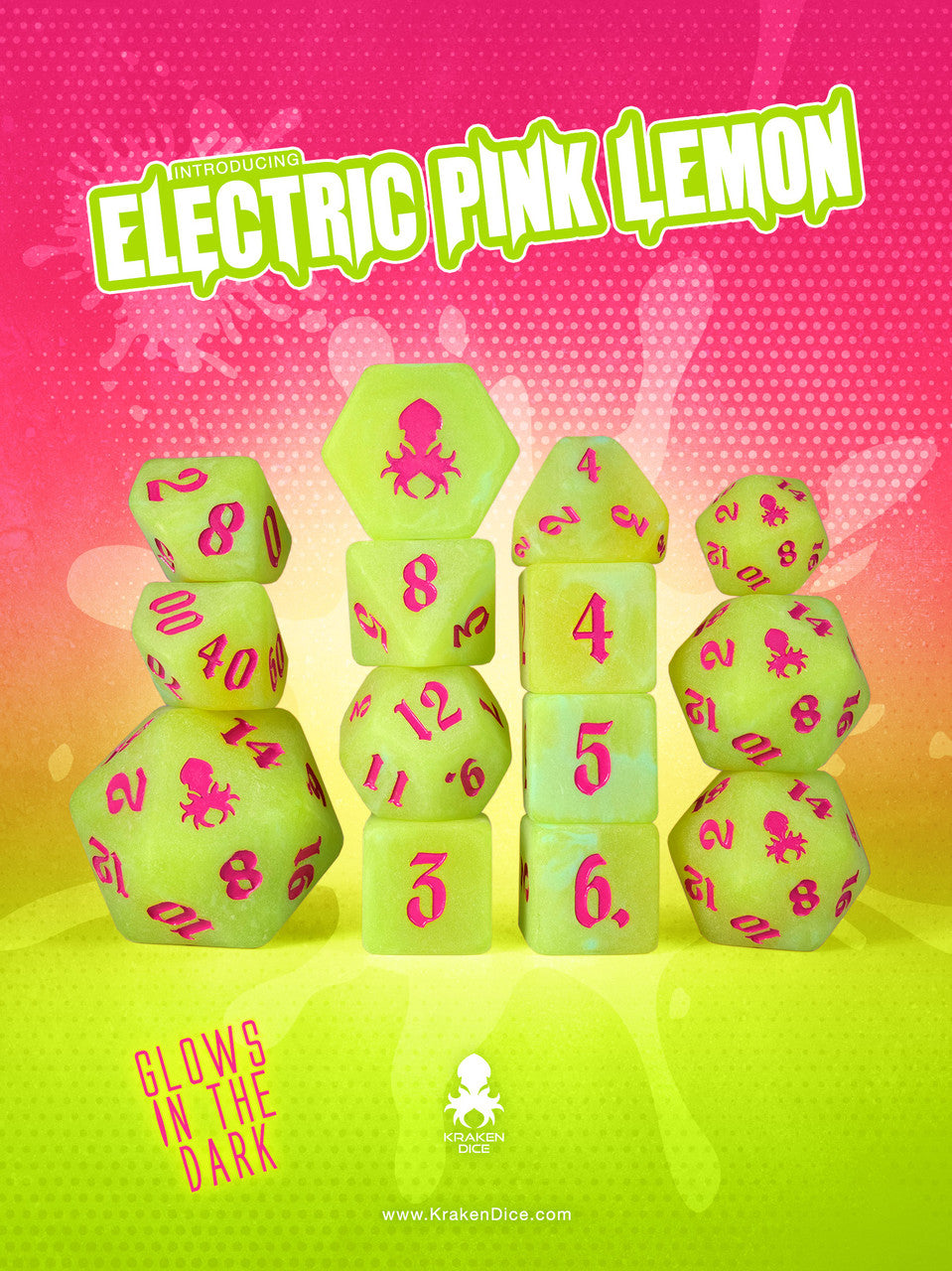 Electric Pink Lemon Glow in the Dark 14pc Dice Set inked in Pink