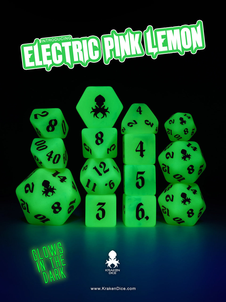 Electric Pink Lemon Glow in the Dark 14pc Dice Set inked in Pink