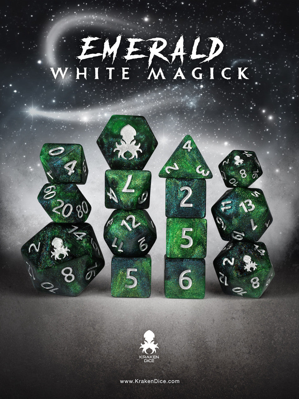 Emerald White Magick 14pc Dice Set inked in Silver