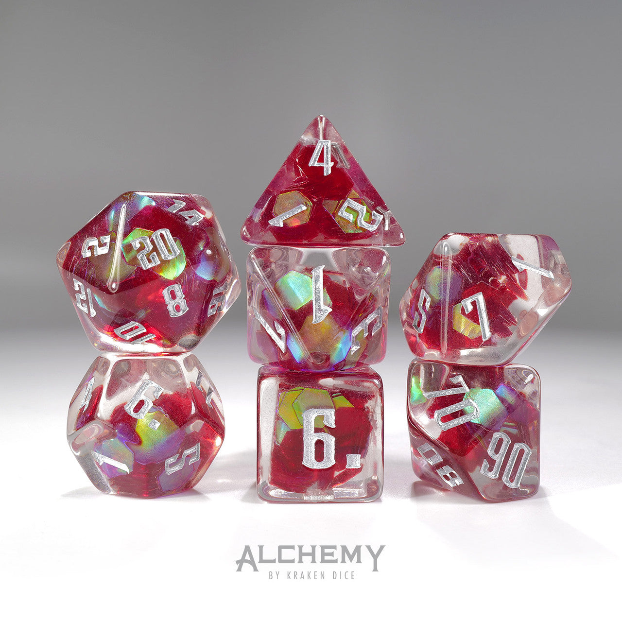 7pc Exotic Red Galaxy  with Silver Ink by Alchemy Dice