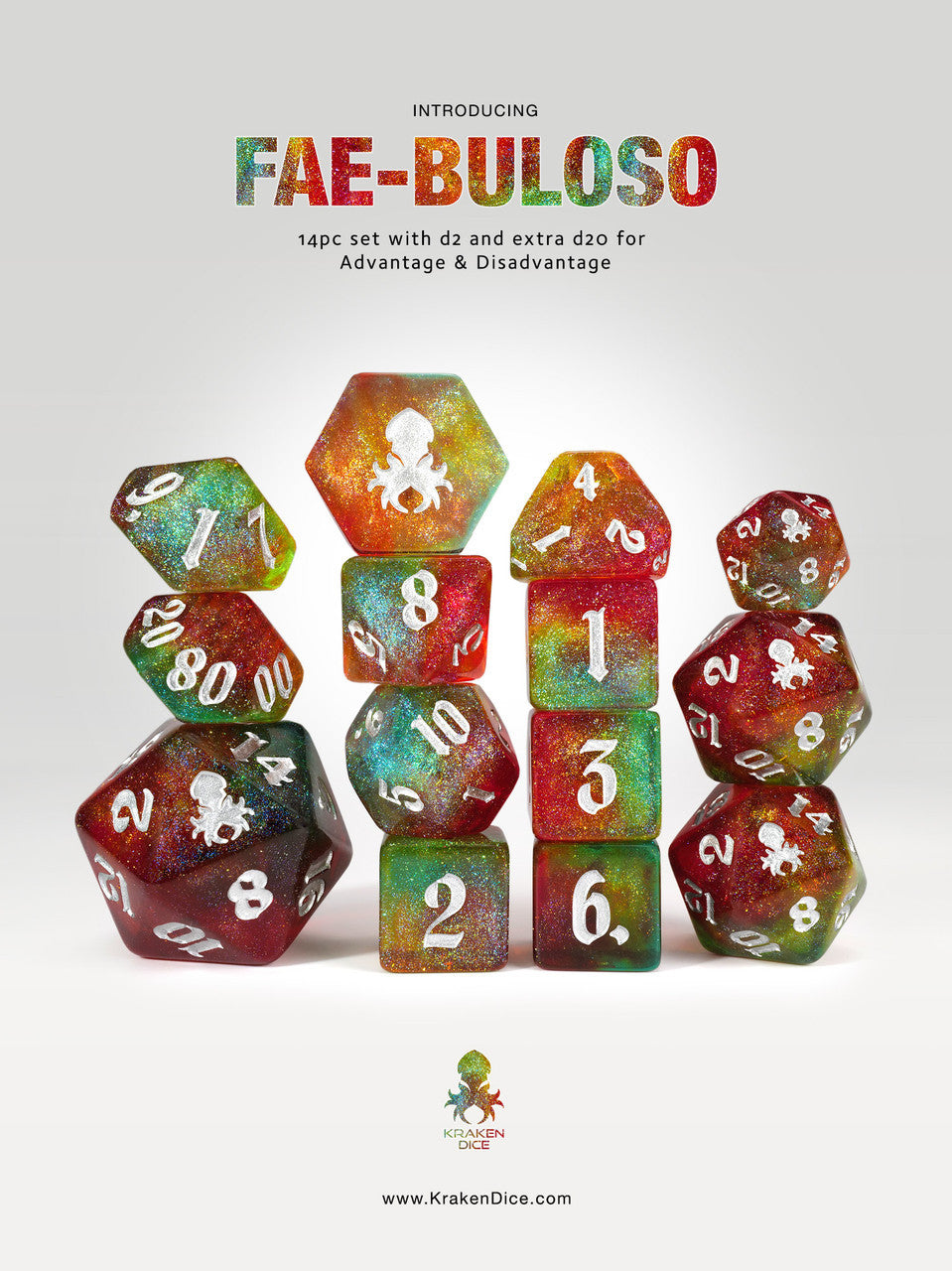 Fae-Buloso 14pc Glitter TTRPG Dice Set with silver ink