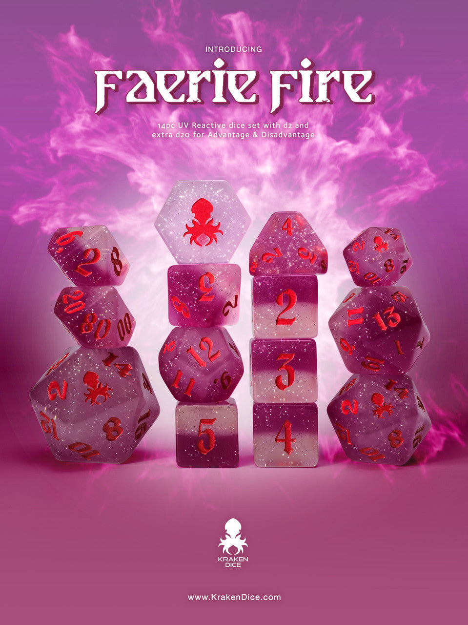 Faerie Fire 14pc UV Reactive Dice Set for inked in Red