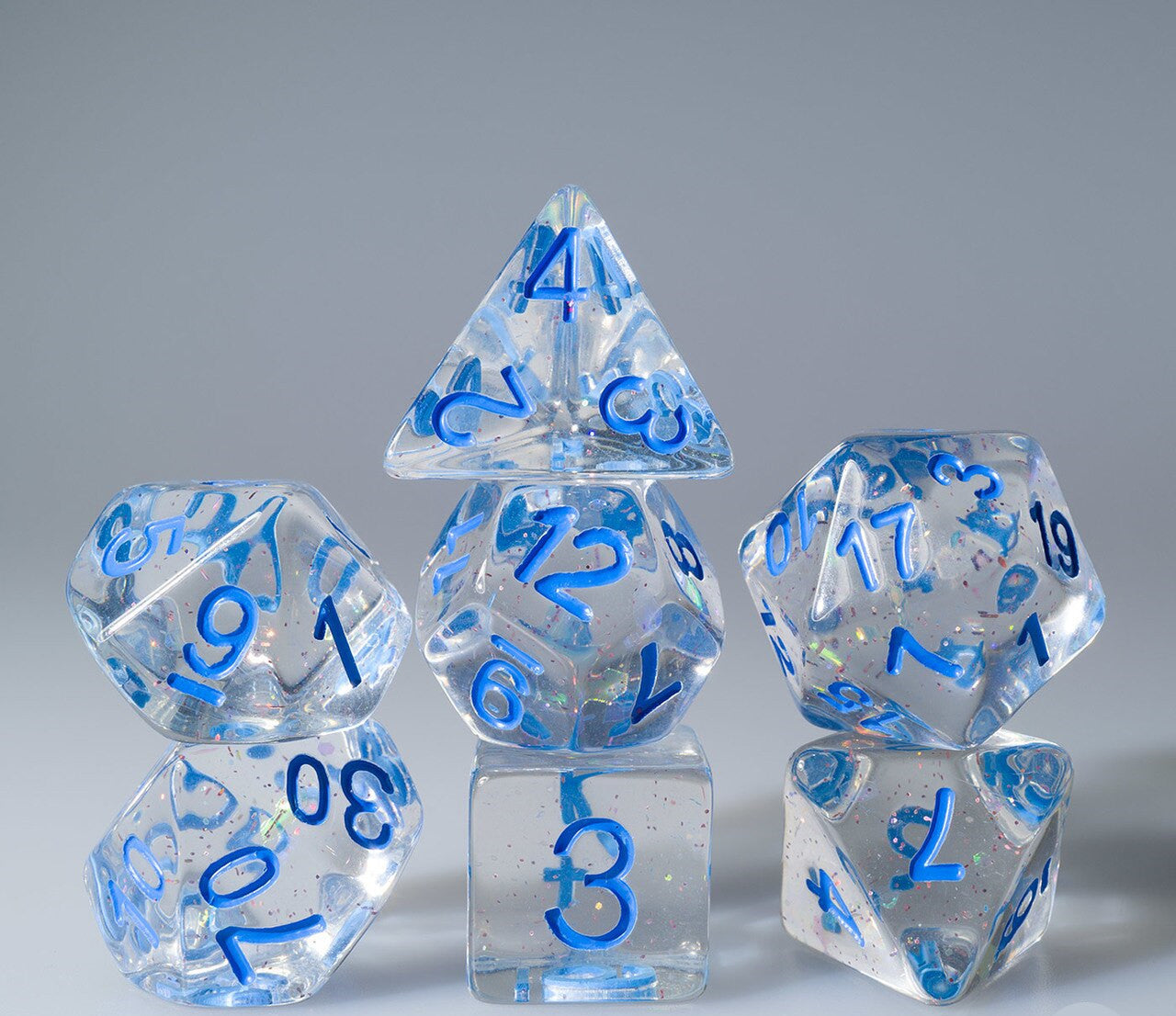 Fine Glitter Clear Dice with Blue Ink 7pc Polyhedral Dice Set