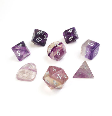 Natural Fluorite Semi-Precious 8 pc Glass Dice Set with Kraken Logo for RPGs